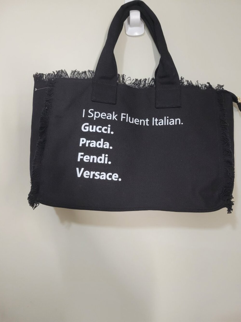 I Speak Fluent Italian Gucci Prada Fendi Versace Black Canvas Tote